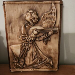 Religious Wax Relief Mounted On Wood - Angel with Lute - Vintage Art